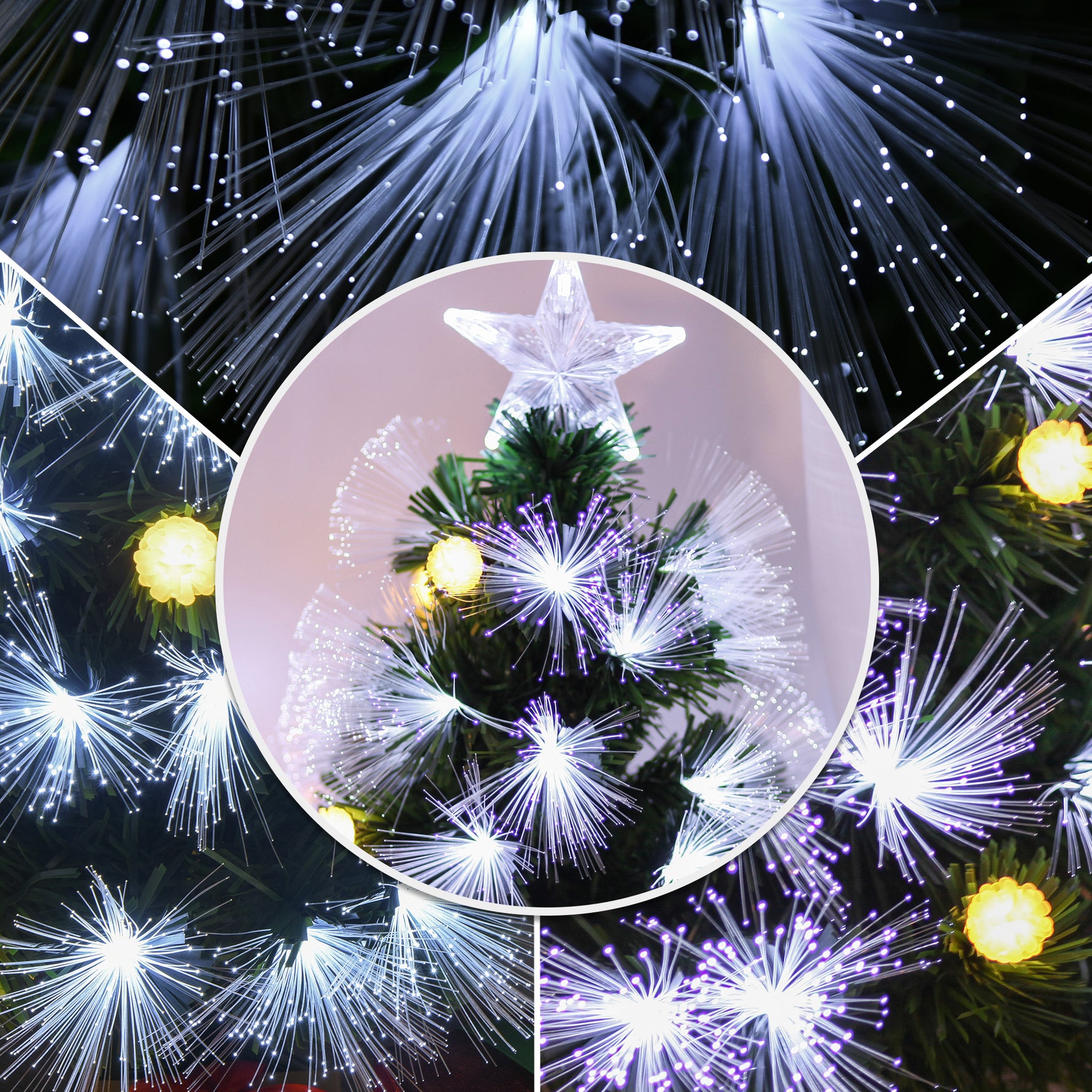 Sapin de Noël Artificiel Lumineux 90H cm Fibre Optique LED + 14 Ampoules + Support Pied 90 Branches étoile Sommet Brillante Vert