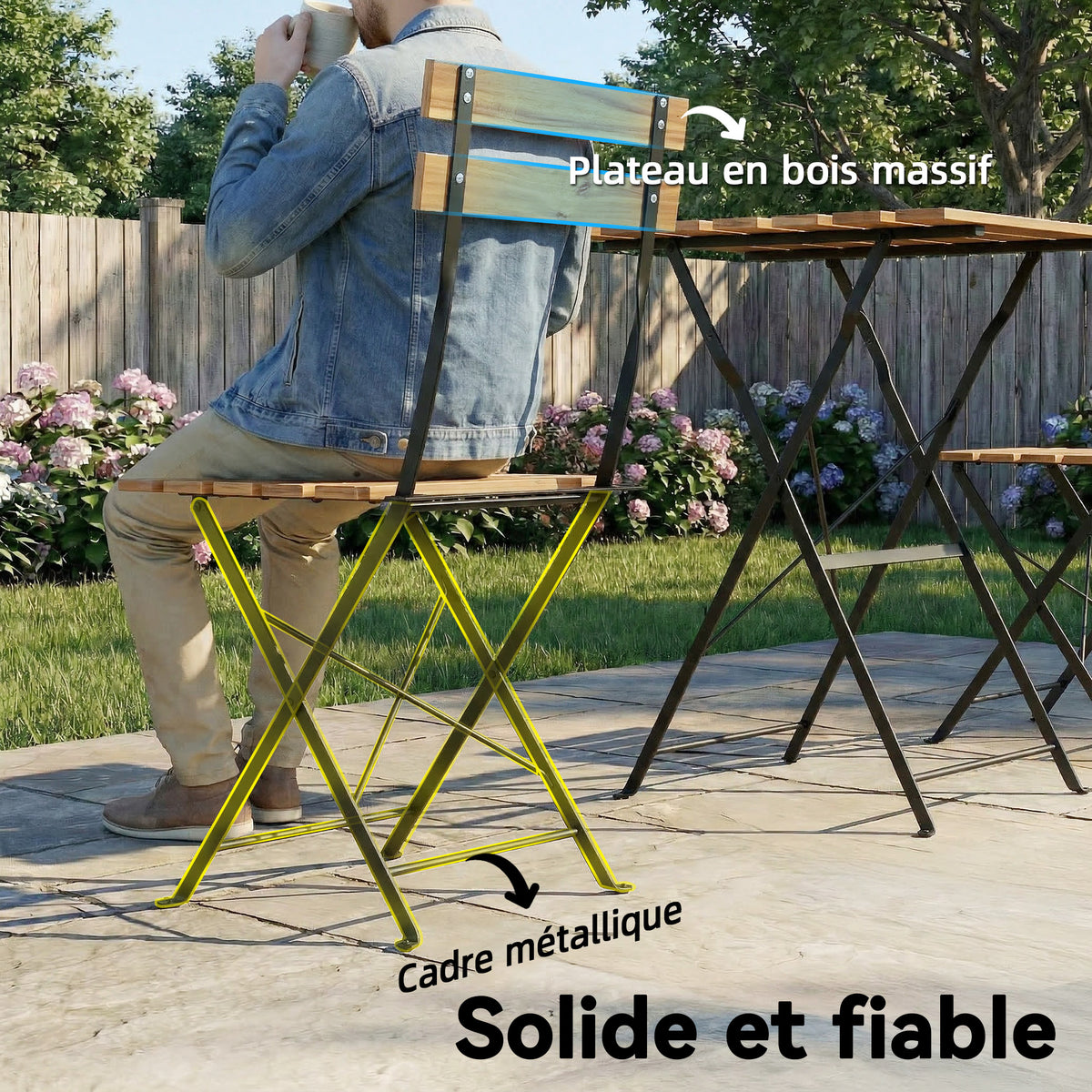 Ensemble de Salon de Jardin Bistrot 3 Pièces, 2 Chaises Pliantes, Table Carrée en Bois d'Acacia, 55x55x71cm, Naturel