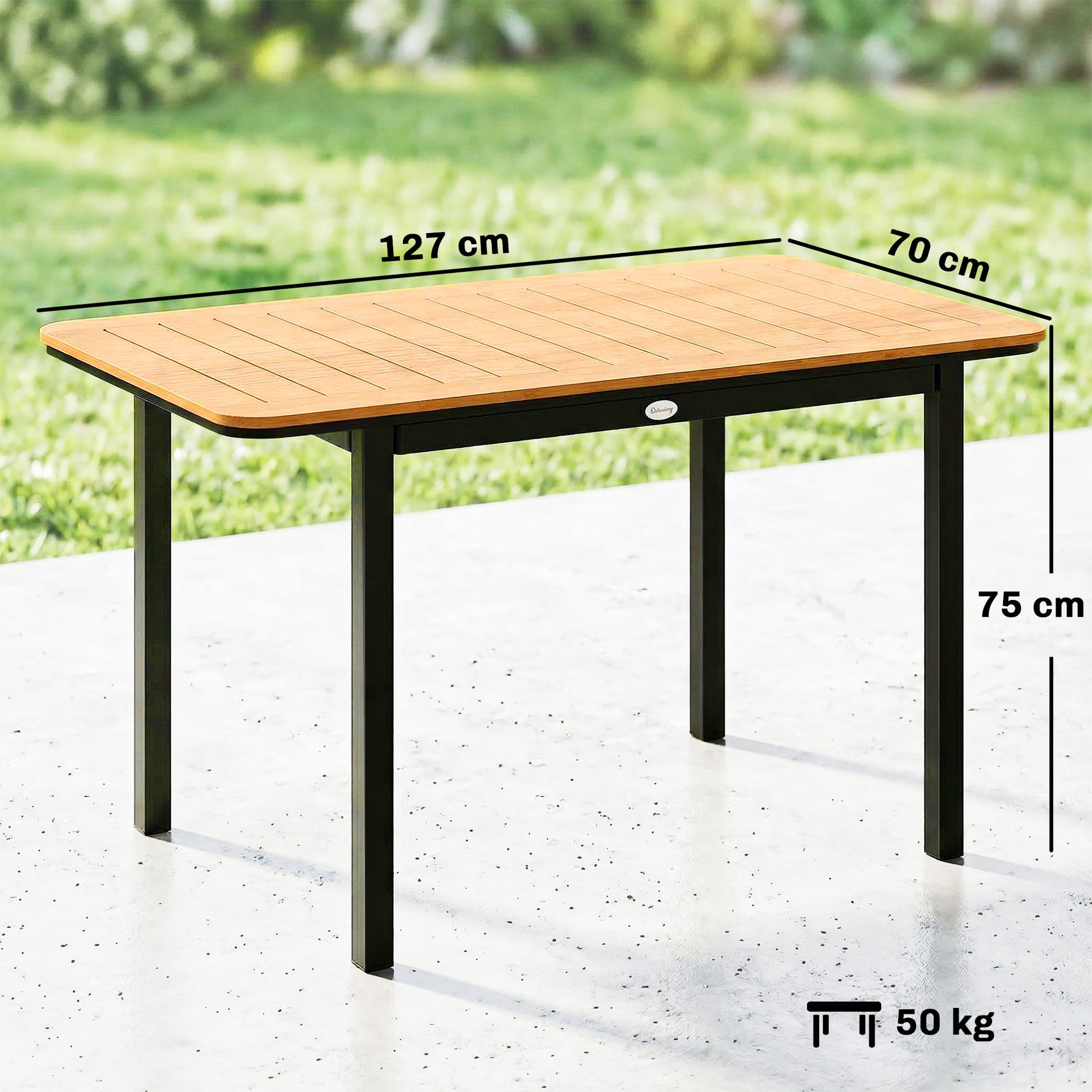 Table de Jardin 6 Personnes Rectangulaire en Bois Composite Cadre en Métal et Plateau à Lattes 127x70cm Marron
