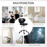 Tabouret à roulettes, tabouret de massage en PU avec hauteur réglable 73-88cm et dossier, chaise de travail pivotant 360°, cadre en acier, pour salon de massage, tatouage, clinique, spa, noir