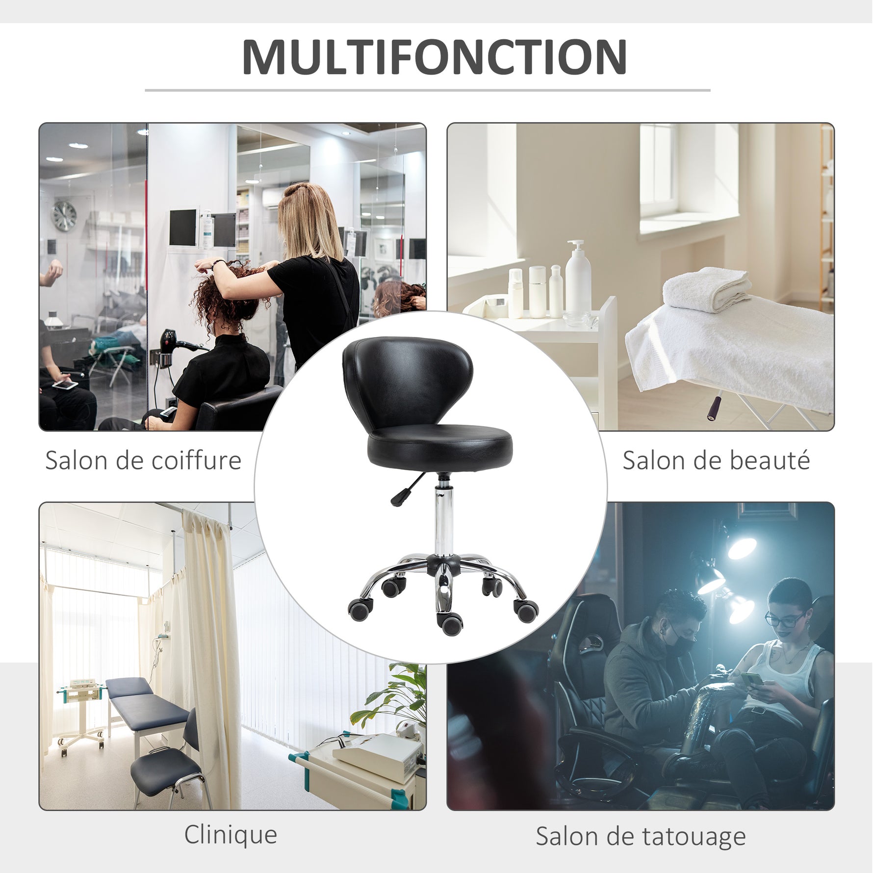 Tabouret à roulettes, tabouret de massage en PU avec hauteur réglable 73-88cm et dossier, chaise de travail pivotant 360°, cadre en acier, pour salon de massage, tatouage, clinique, spa, noir