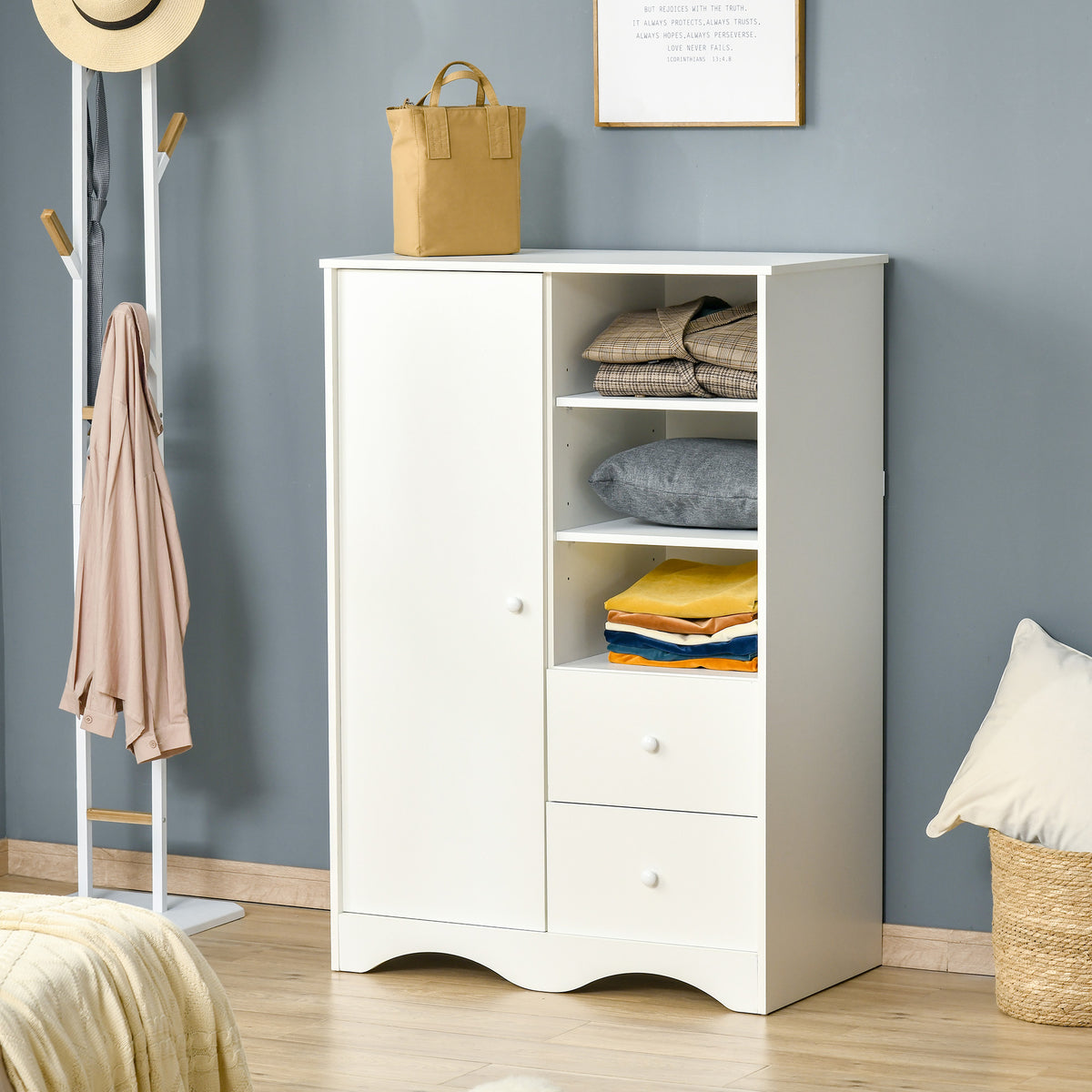 Armoire avec Porte et 5 étagères, 3 niches, 2 tiroirs, meuble de rangement blanc pour chambre, salon, bureau