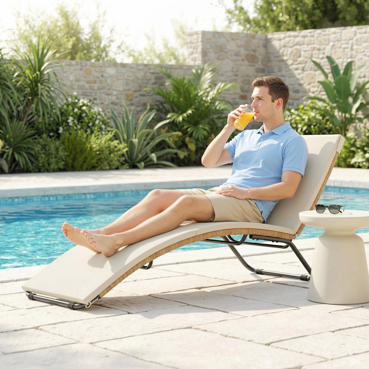 Bain de soleil en résine tressée transat de jardin design en S courbe naturelle structure robuste acier coussin crème