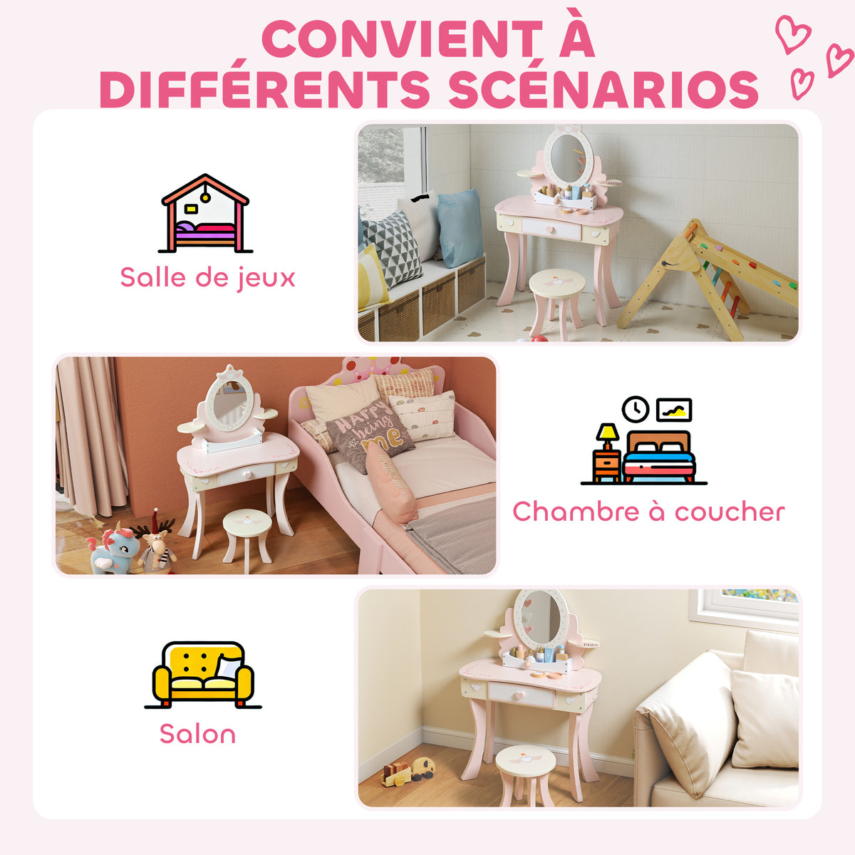 Coiffeuse enfant fille table de maquillage 2 en 1 avec 7 accessoires de jeu miroir en acrylique 59,8x29,6x89,8cm rose