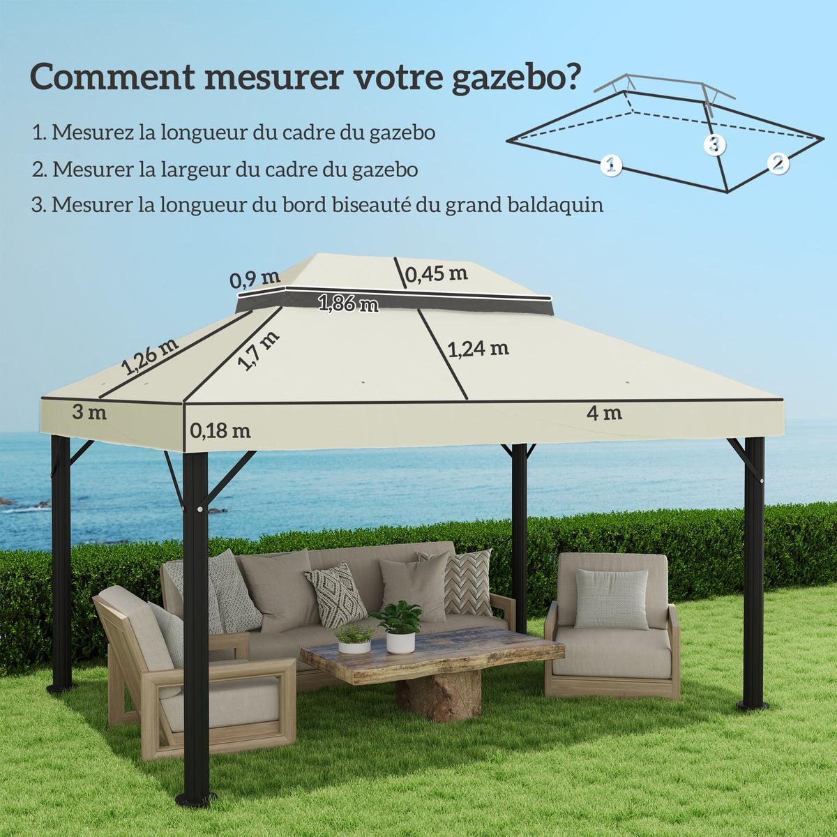 Toile pour tonnelle toile de rechange pour tonnelle à 2 niveaux protection UPF30+ trous de drainage  4 x 3 m crème