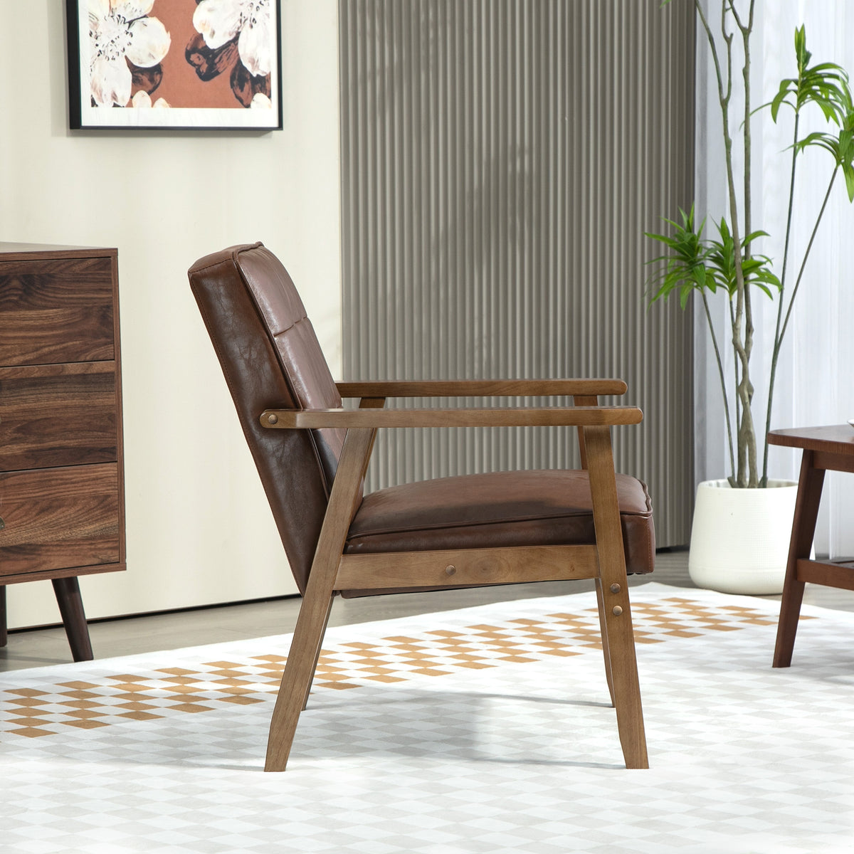 Fauteuil de salon, fauteuil de chambre en cuir synthétique, dossier capitonné, pieds en bois massif, 64x73x81cm, marron