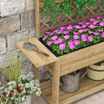 Jardinière rectangulaire sur pieds avec treillis 2 tablettes latérales rabattables 1 étagère inférieure bois