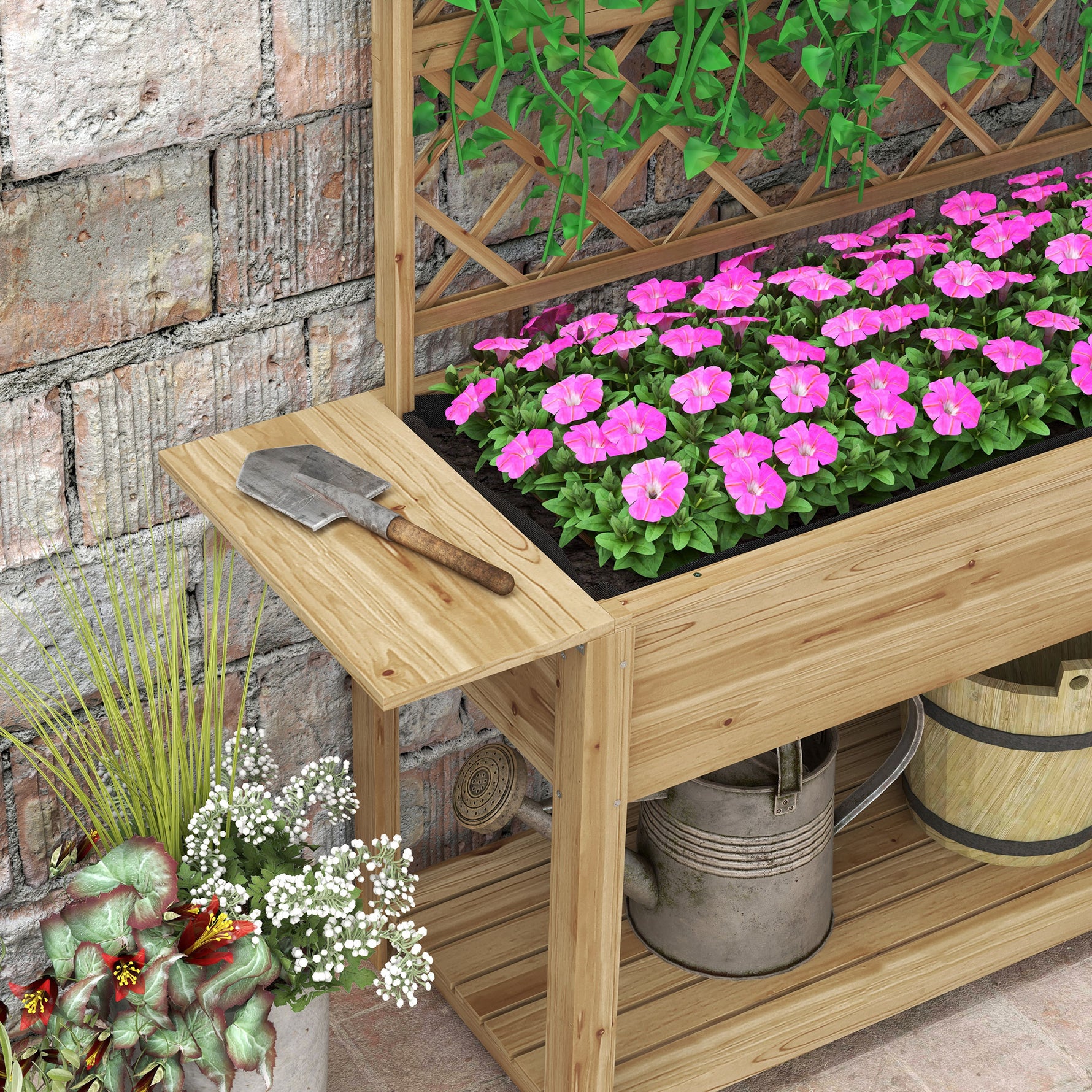 Jardinière rectangulaire sur pieds avec treillis 2 tablettes latérales rabattables 1 étagère inférieure bois