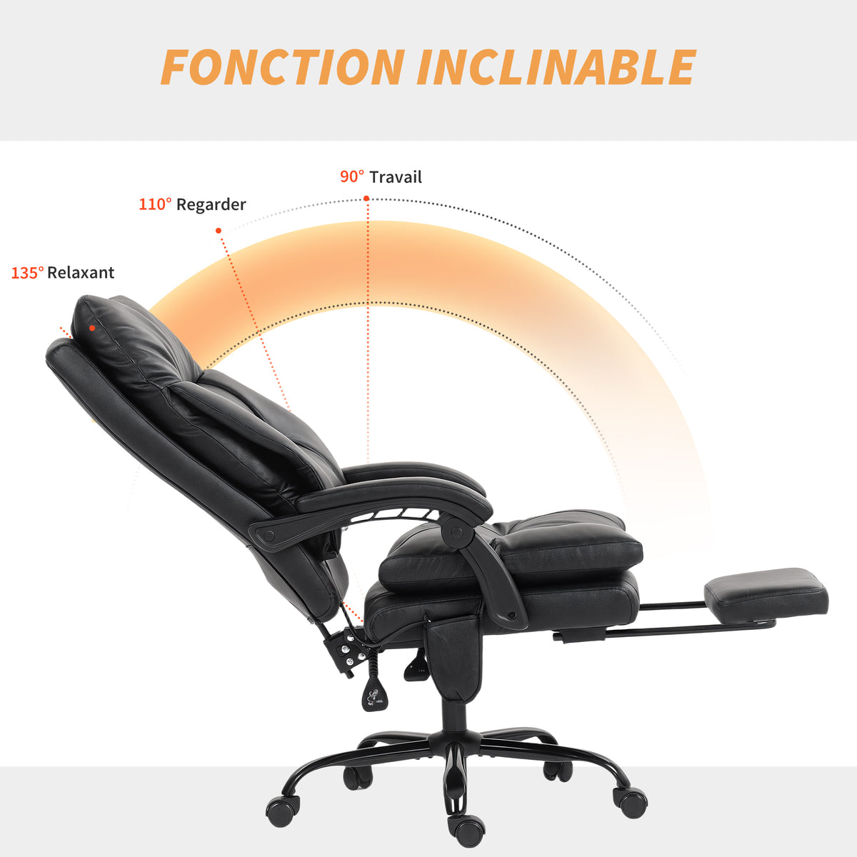 Chaise bureau ergonomique fauteuil de bureau en PU soutien lombaire gonflable dossier inclinable hauteur réglable noir
