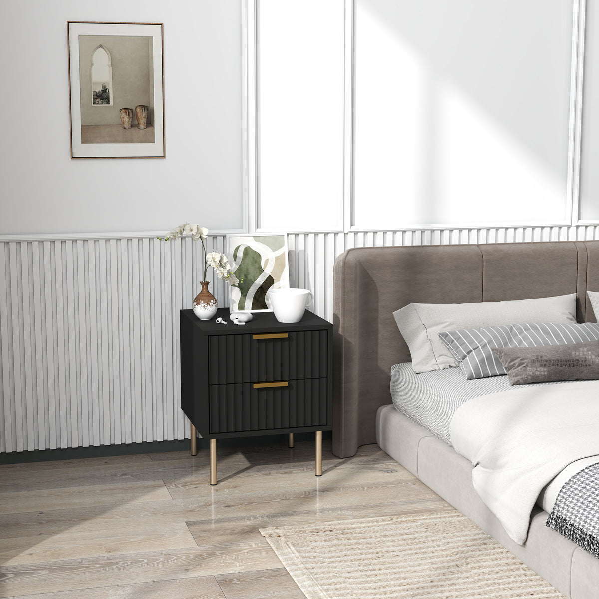 Mesita de noche, mesa de noche acanalada con 2 cajones y patas de acero, para dormitorio, salón, negro