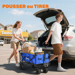 Chariot de Transport Pliable Tout Terrain 180 L, Poignée Télescopique Pousser-Tirer 2 en 1, Auvent Amovible, Bleu