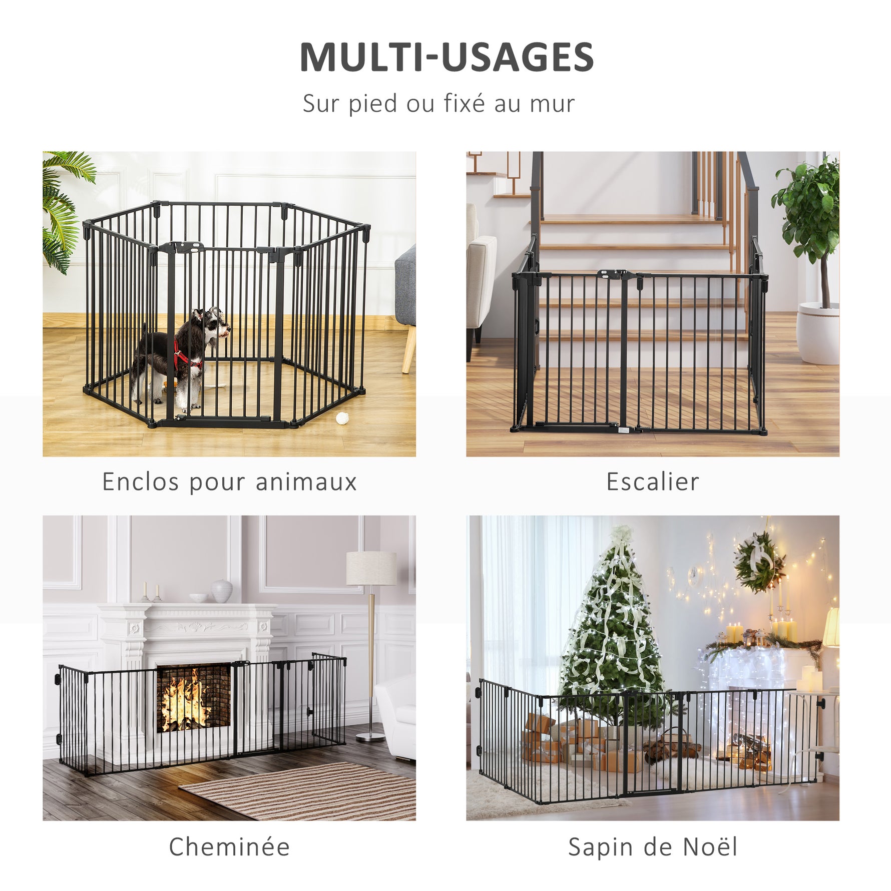 Barrière de sécurité barrière de protection cheminée parc enclos chien pliable modulable 6 panneaux avec porte sans perçage 362,5 x 76 cm noir