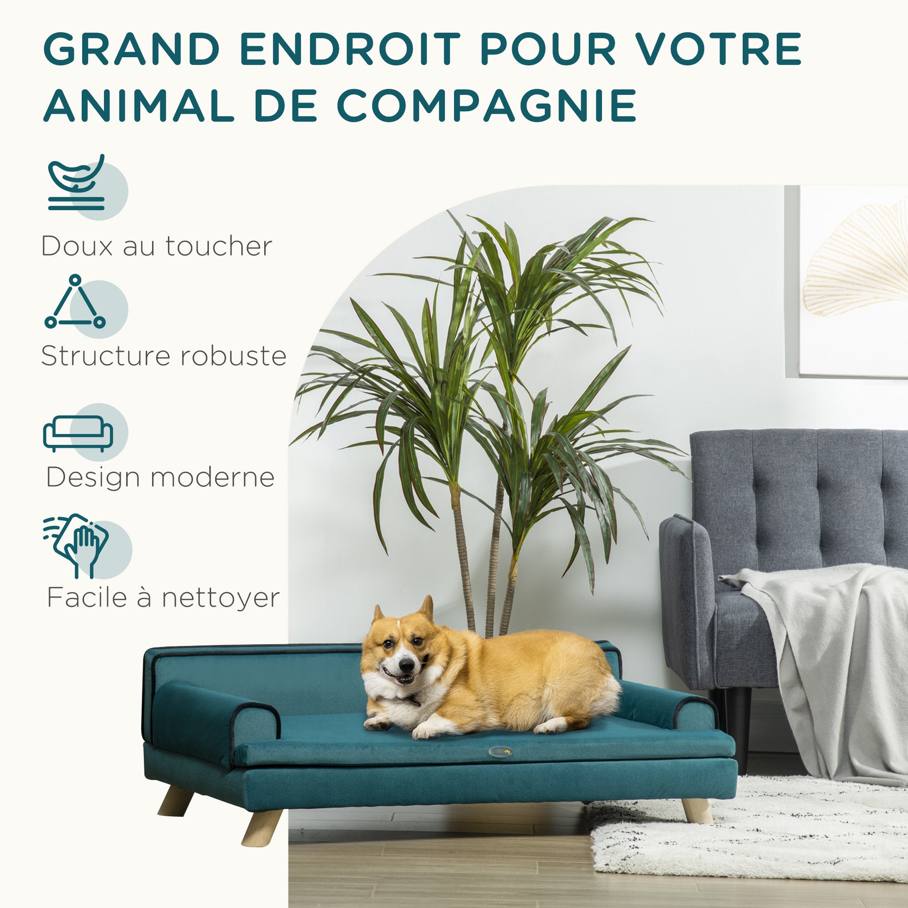 Canapé pour chien chat design scandinave coussin moelleux amovible pieds bois massif 100 x 62 x 32 cm bleu canard