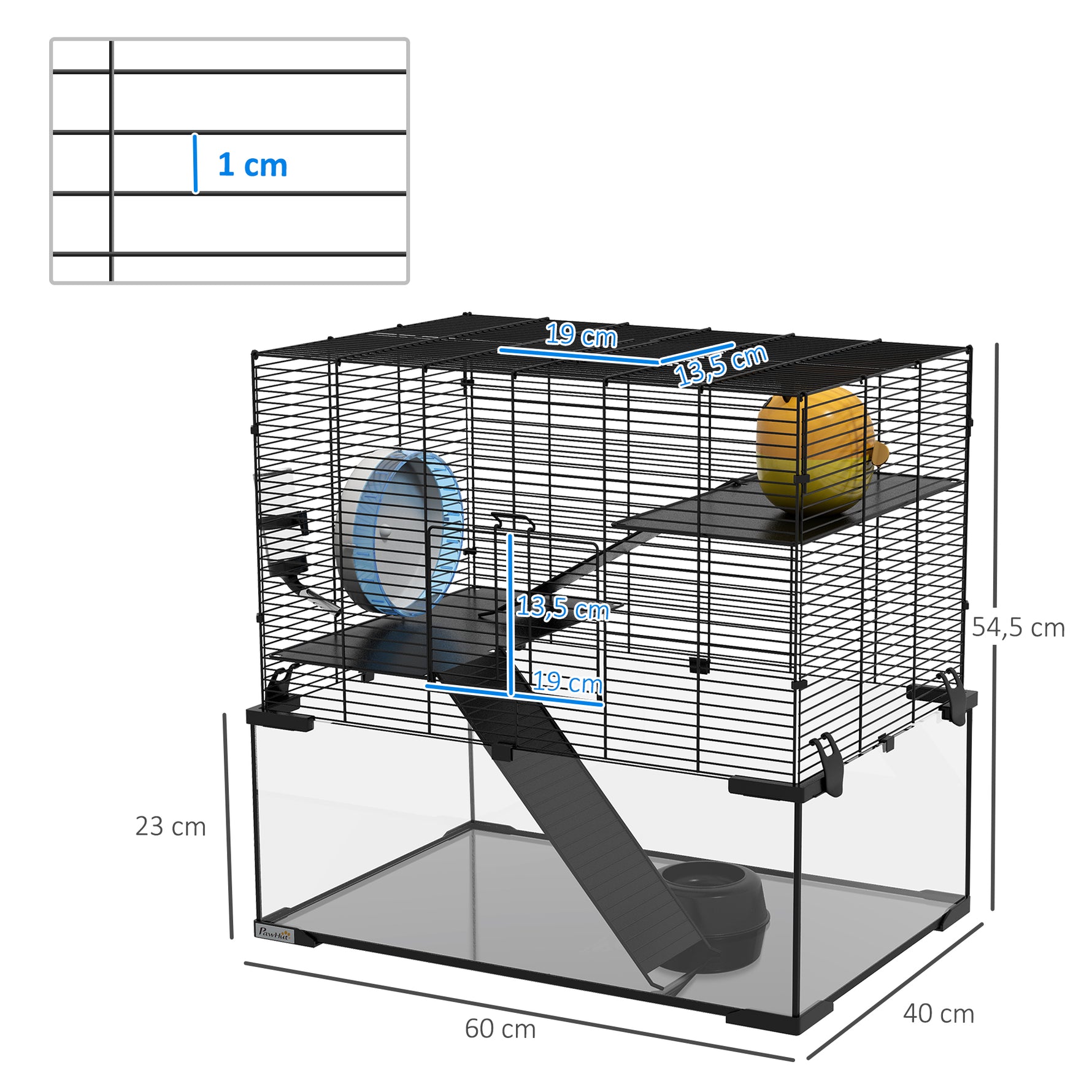 Cage hamster cage rongeur 3 niveaux avec roue rampes maisonnette abreuvoir mangeoire 60L x 40l x 54,5H cm noir