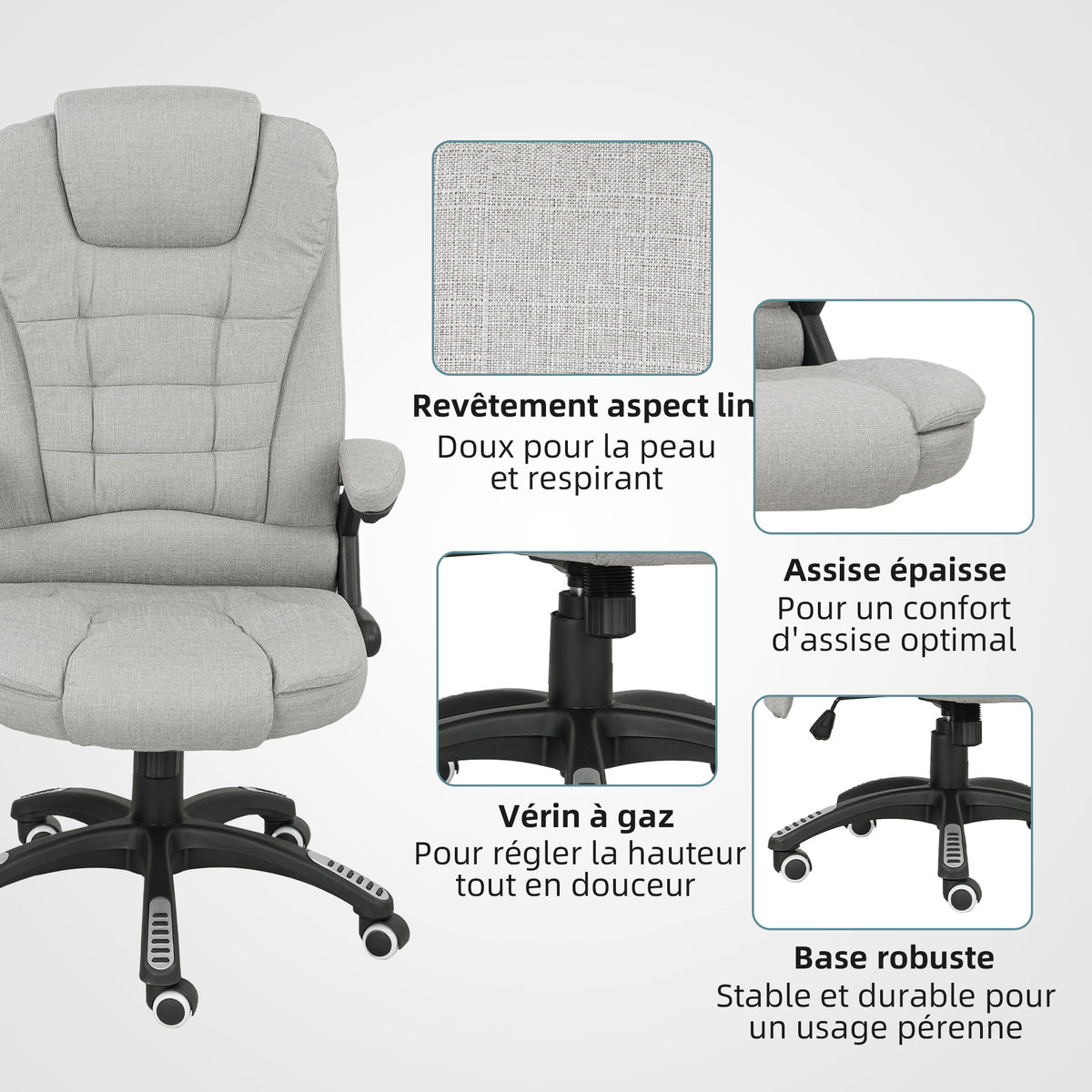 Fauteuil de bureau massant et chauffant chaise de bureau avec hauteur réglable dossier inclinable et télécommande gris