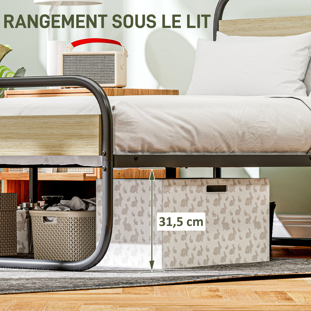 Lit double 140 x 190 cm, cadre de lit en acier style industriel, tête de lit et sommier inclus, aspect bois