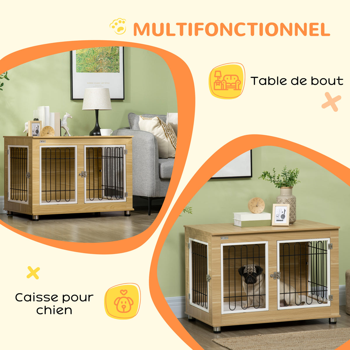 Cage pour chien animaux cage de chien sur pied avec coussin amovible acier aspect bois 90 x 58 x 65 cm