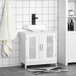 Meuble sous lavabo salle de bain - meuble sous-vasque - 2 portes rainurées avec étagère réglable - poignées alliage aluminium - dim. 60L x 30l x 60H cm - MDF blanc