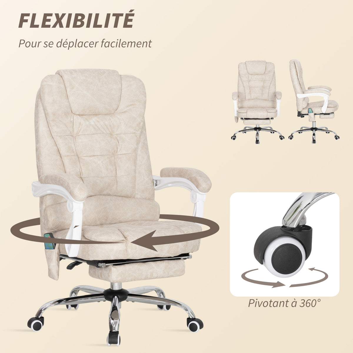 Fauteuil de bureau massant et chauffant, chaise de bureau, hauteur réglable, dossier inclinable, 65x70x111-119cm, crème