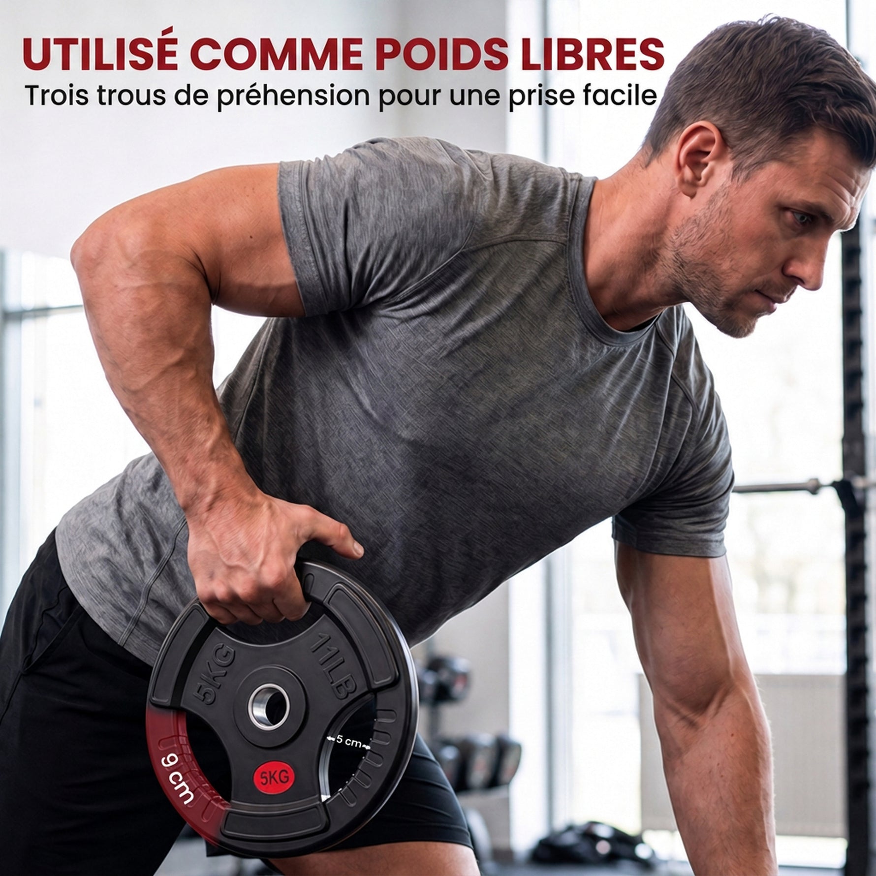 Disques de Poids en Acier 10 kg, Finition PVC, Plaques de Poids 2 x 5 kg, 3 Poignées, Trous de Ø 50 mm, Noir
