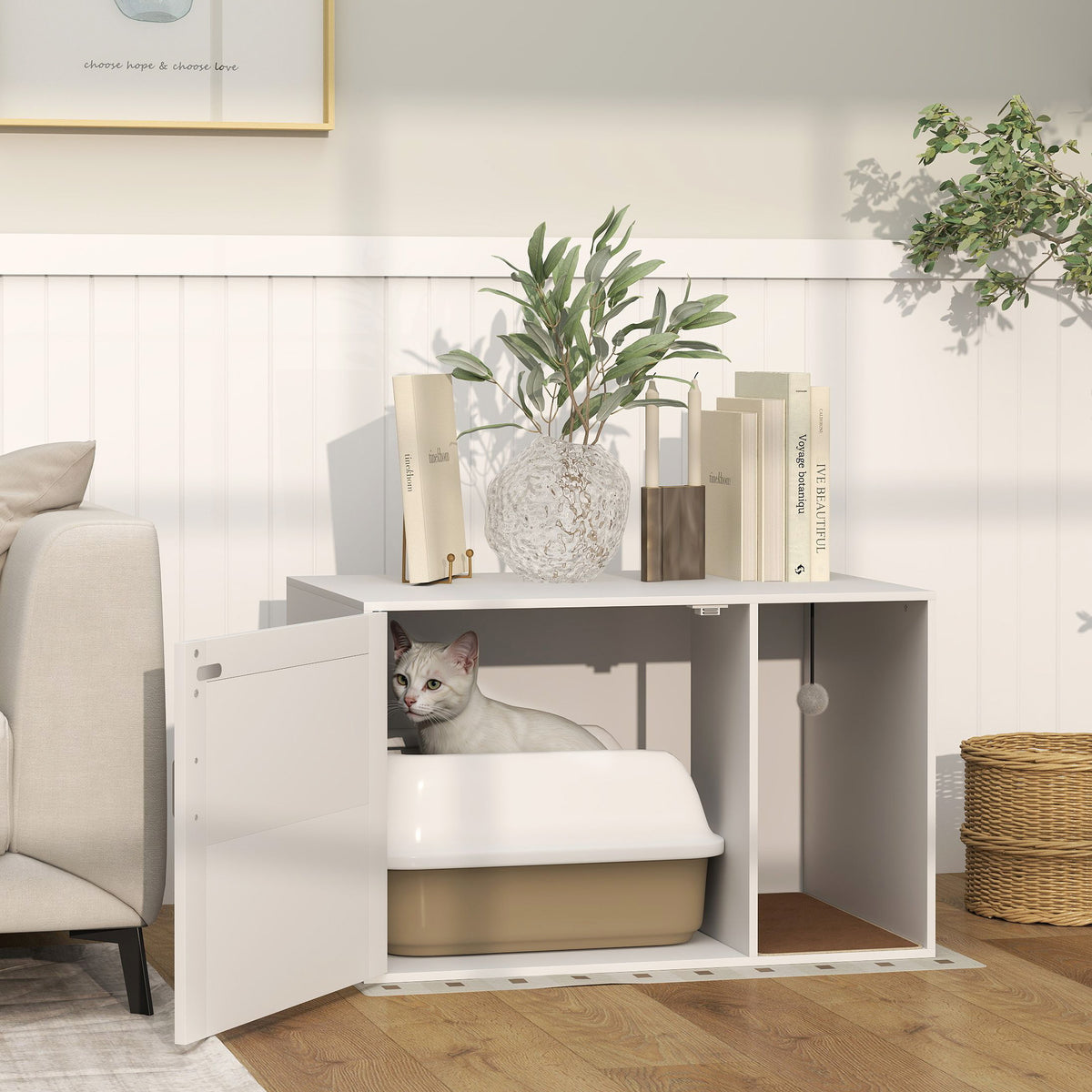 Maison de toilette chat meuble litière pour chat tapis griffoir porte avec poignées style bohème 80 x 50 x 50 cm blanc