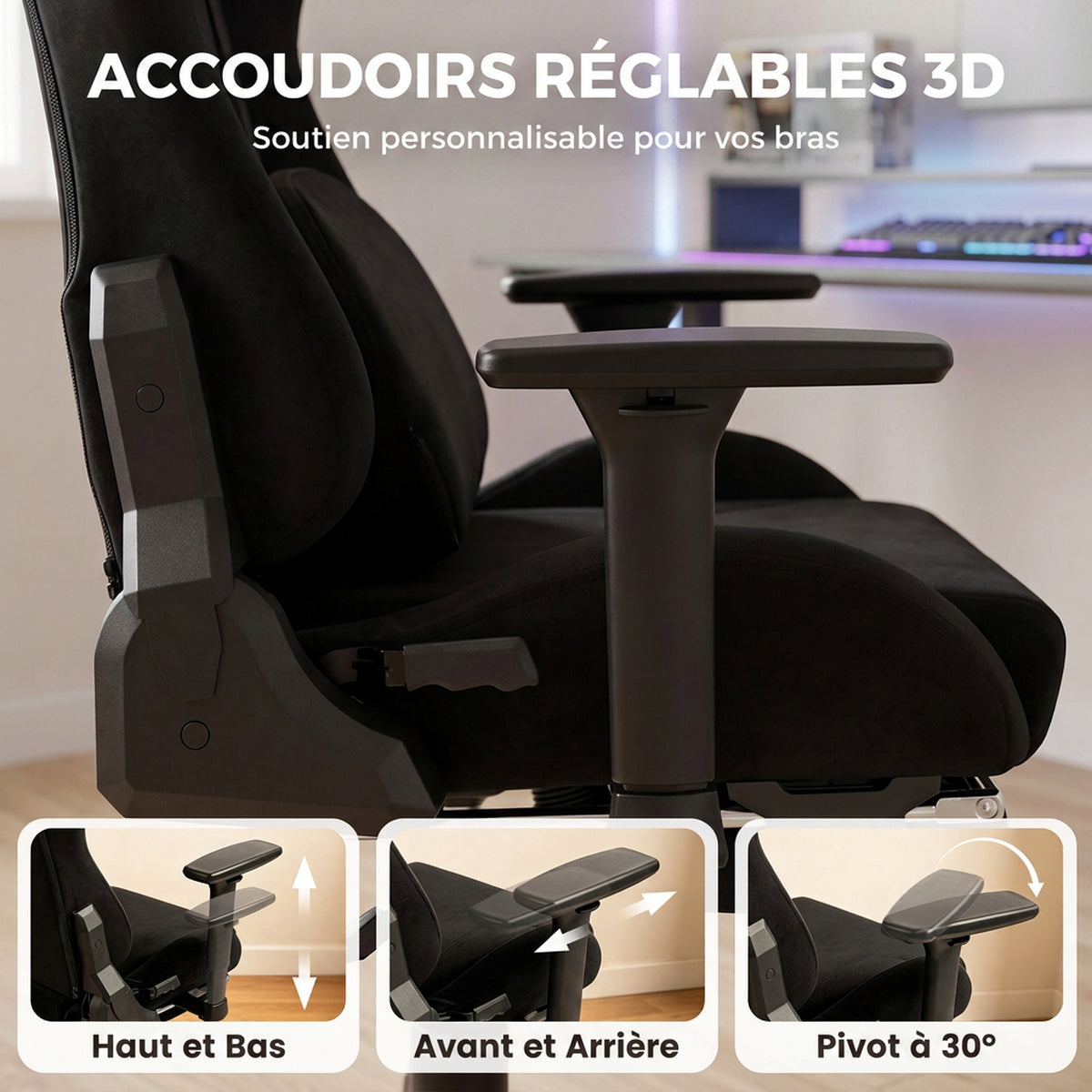 Ergonomische masserende gamestoel met verwarmd lendenkussen, kantelbare gaming-fauteuil van linnen, 3D-armleuningen, zwart