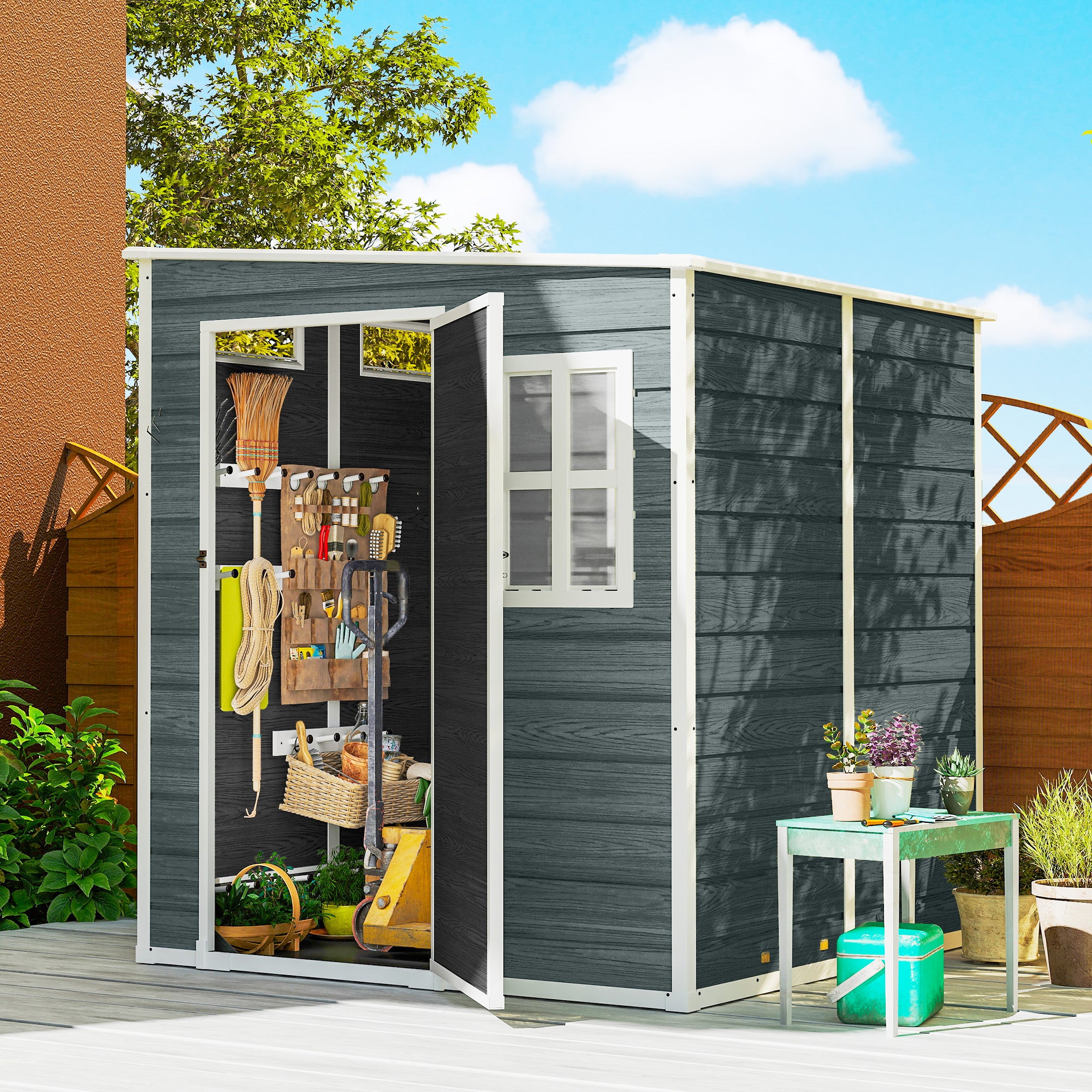 Tuinhuis Opbergruimte Vloer Aluminium Structuur 3 Ramen 2 Ventilatieopeningen 182x182x183cm Grijs Houteffect