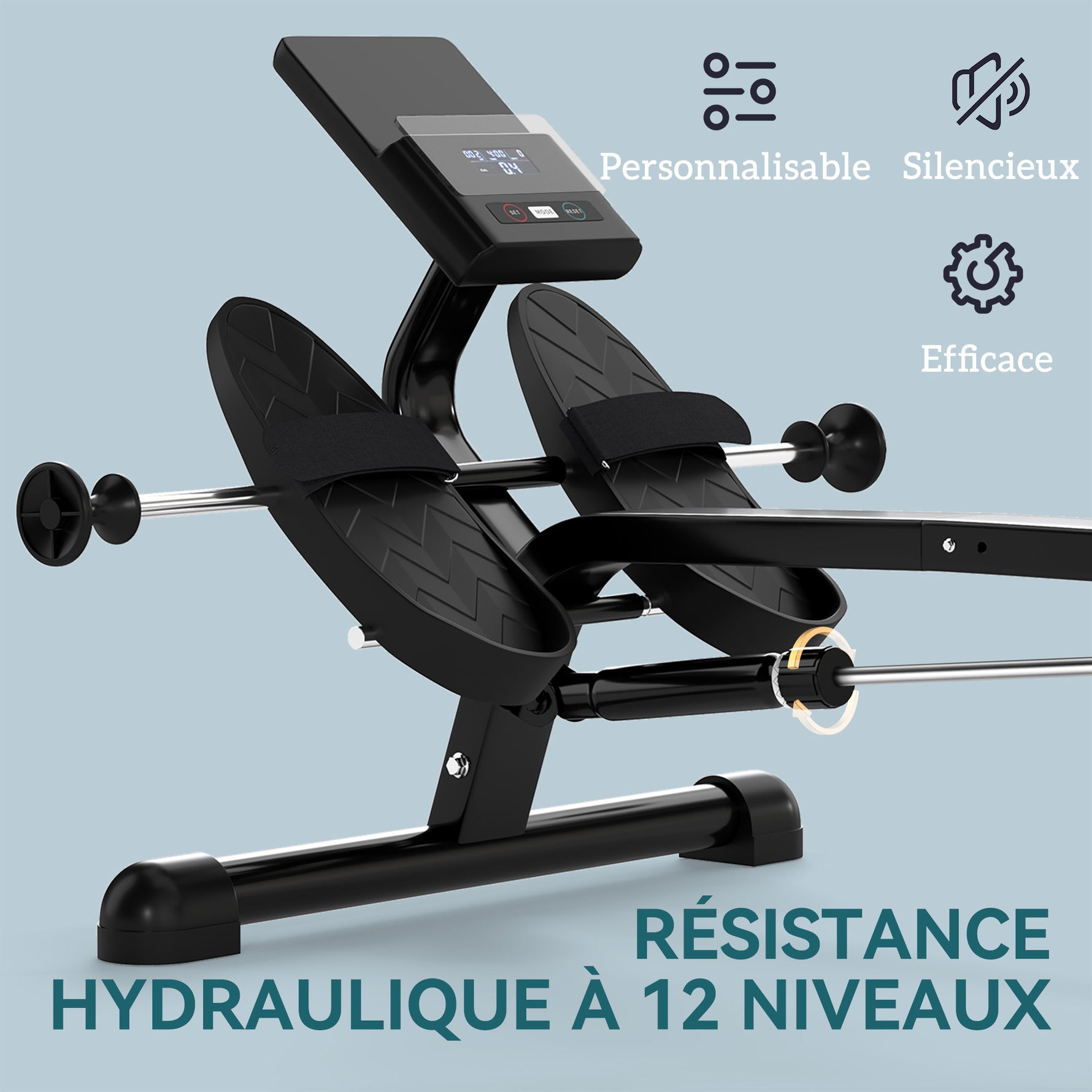 Rameur hydraulique à 12 niveaux avec écran LCD, pour l'entraînement cardio à domicile, charge max. 130 kg, noir