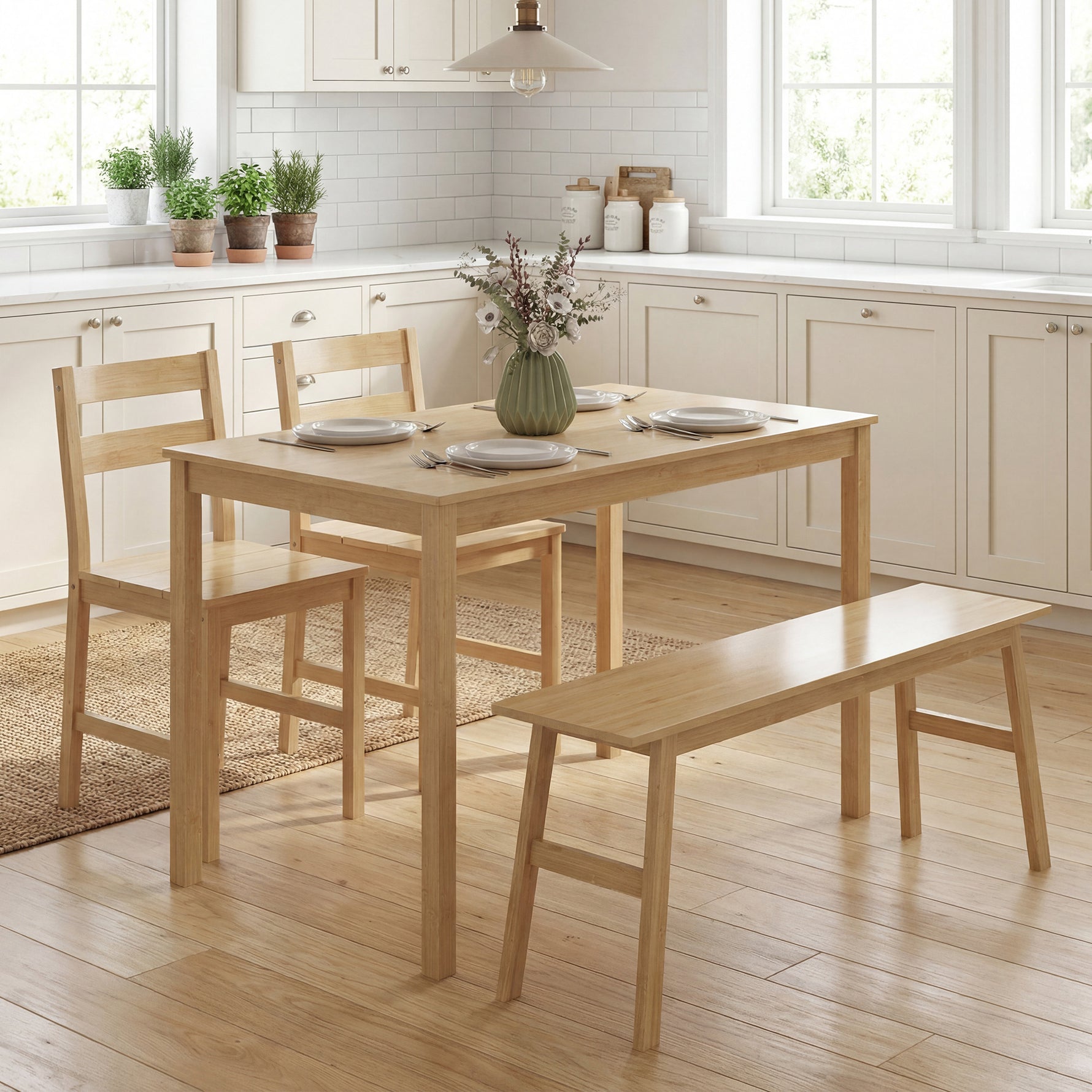 Ensemble de salle à manger en bambou, table à manger avec 2 chaises et banc pour 4 personnes, bois naturel