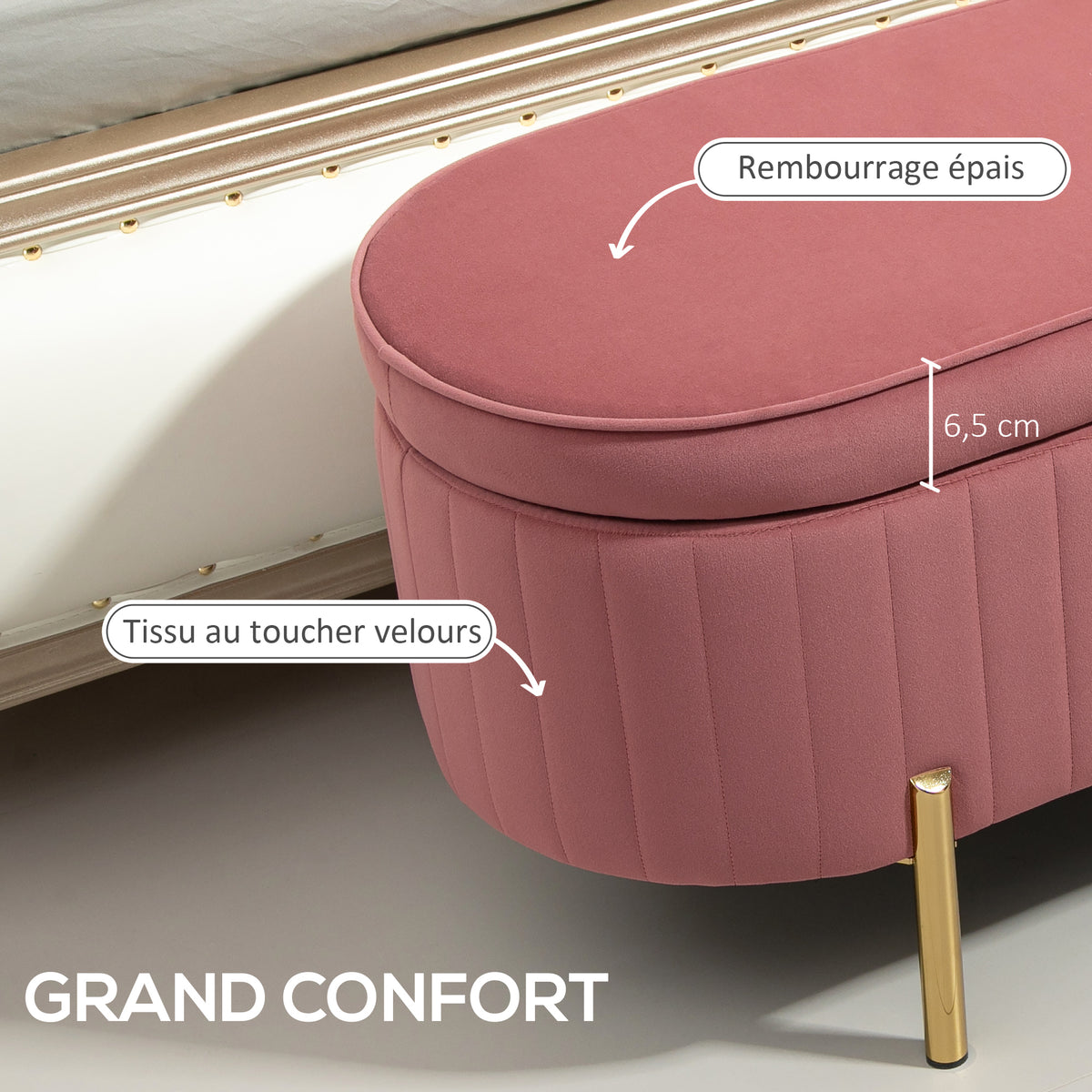 Banc de rangement, bout de lit en velours avec couvercle, pieds en métal, capacité 72 L, 108x44x43,5cm, rose