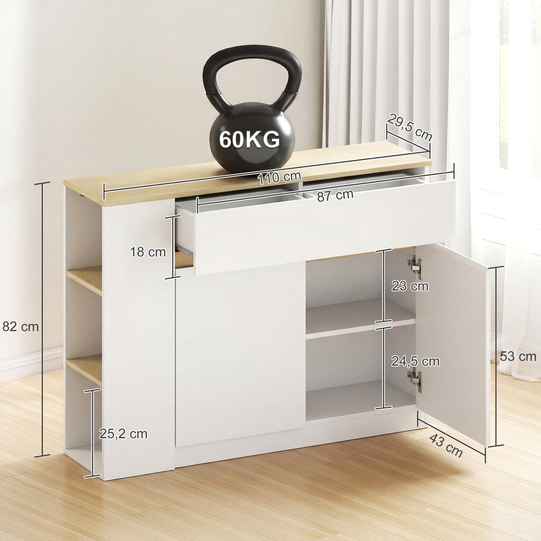 Buffet meuble de rangement avec 2 tiroirs 3 étagères ouvertes et placard 2 portes 110 x 29,5 x 82 cm blanc