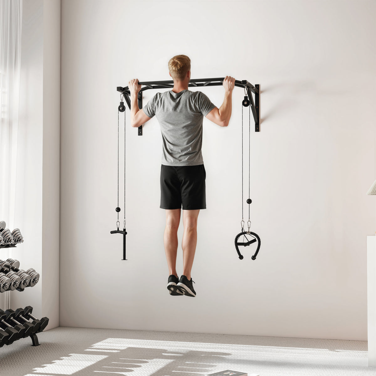 Barre de traction murale barre de fitness multi-prise système de poulie à câble charge 200kg, acier 126x60x45,5cm, noir