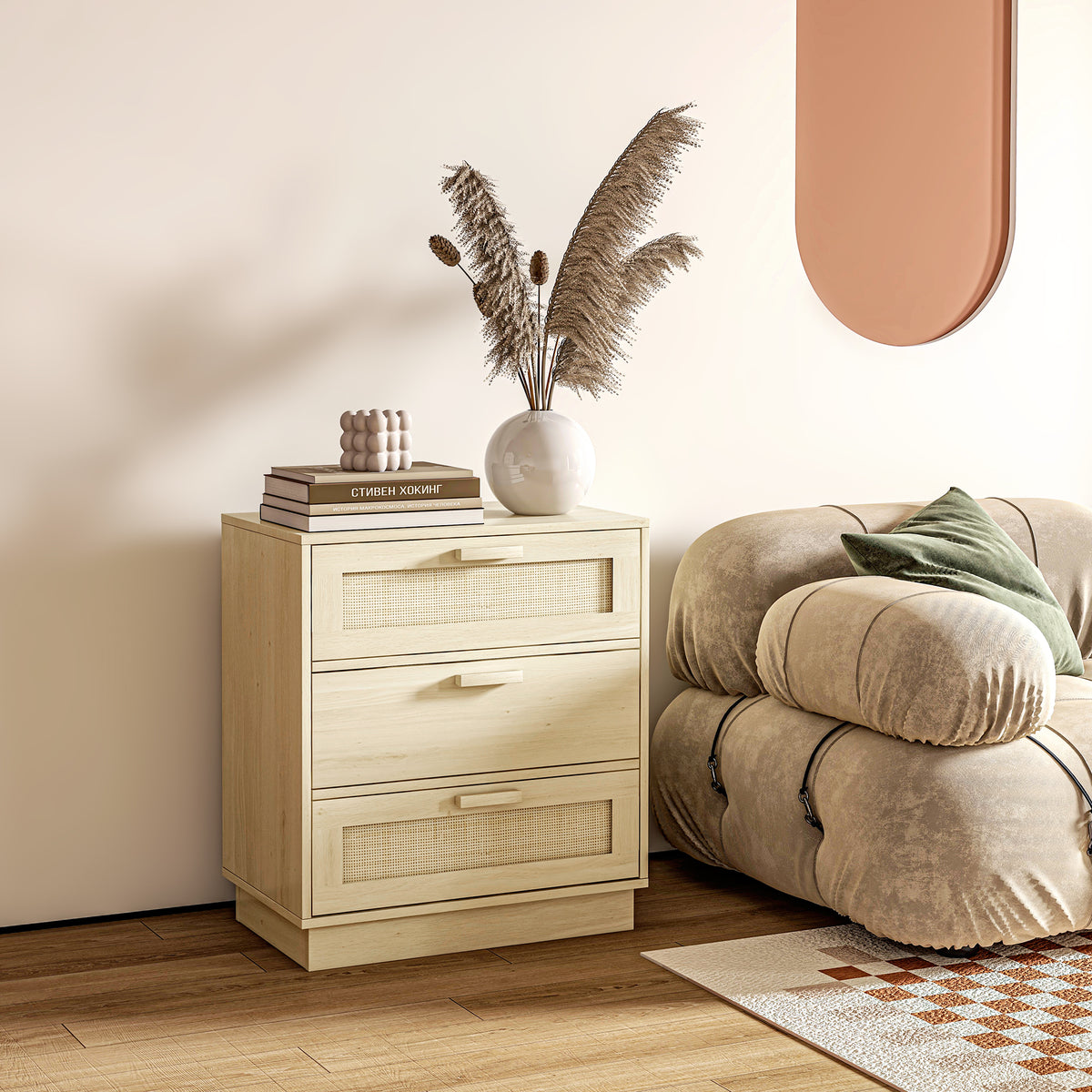 Commode design bohème en rotin avec 3 tiroirs, meuble de rangement pour le salon, le couloir, l'entrée, bois naturel