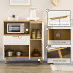 Meuble de rangement cuisine pour micro-ondes, 1 tiroir, 2 placards une étagère, 90 x 40 x 98,5 cm, bois et blanc