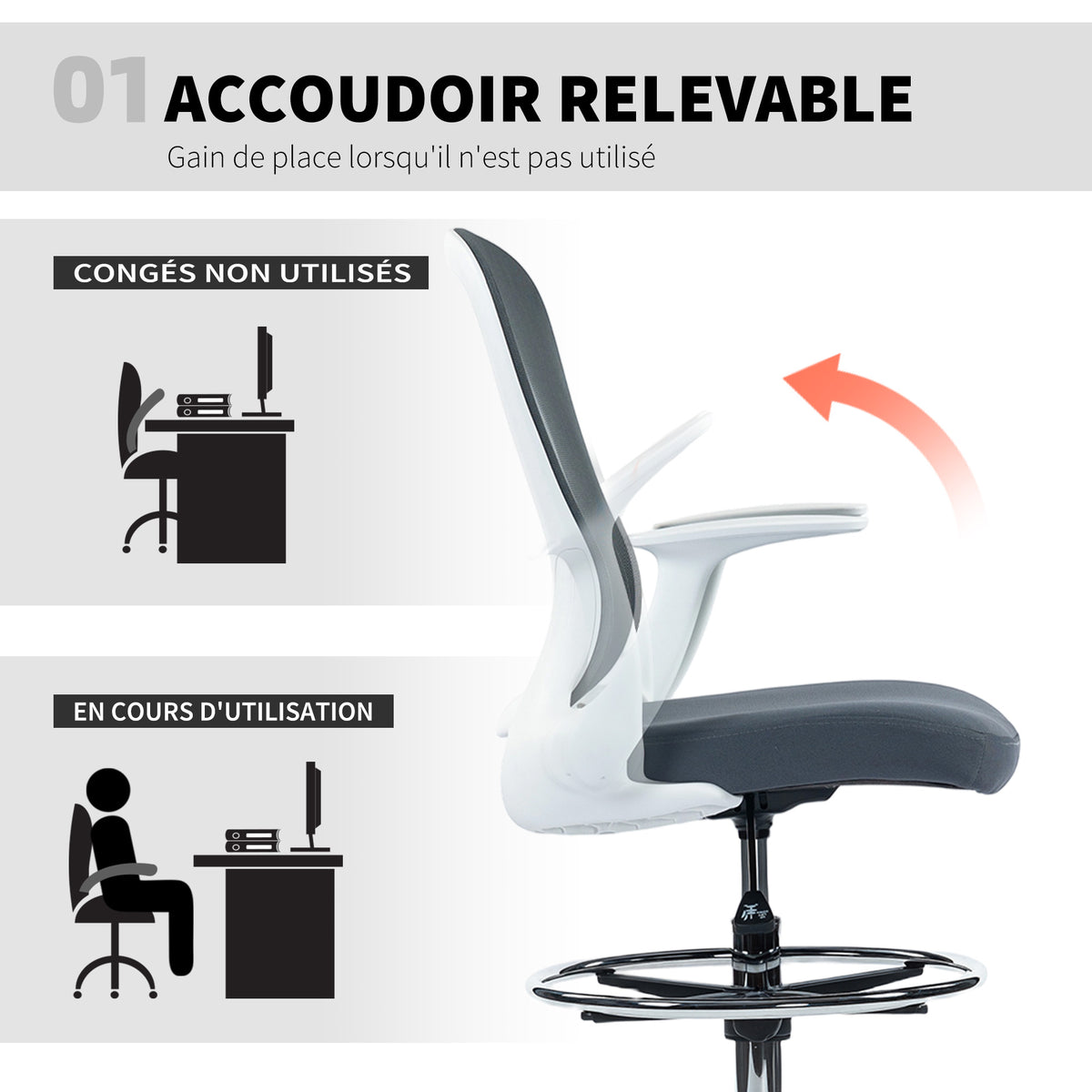 Chaise bureau ergonomique avec repose-pieds ajustable et accoudoirs relevables, hauteur réglable, 59x62x99-119cm, gris