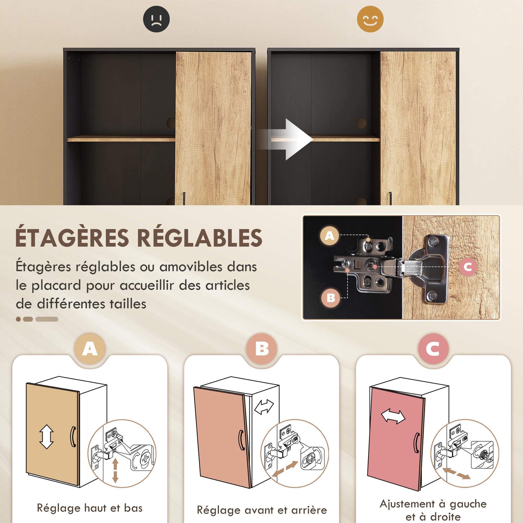 Armoire de cuisine meuble de rangement, 2 tiroirs 1 placard 2 niches et étagères réglables, 88x35x160cm, noir et naturel
