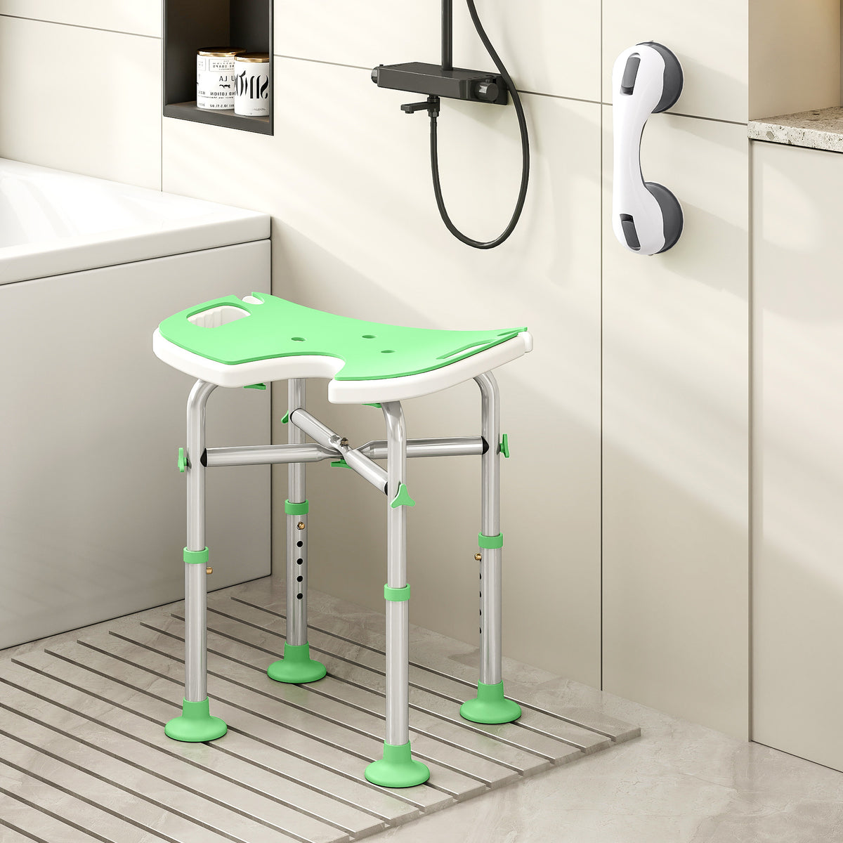 Tabouret de Douche, Hauteur Ajustable 39-51,5 cm, Barre d'Appui à Ventouse, Patins à Ventouse, Vert