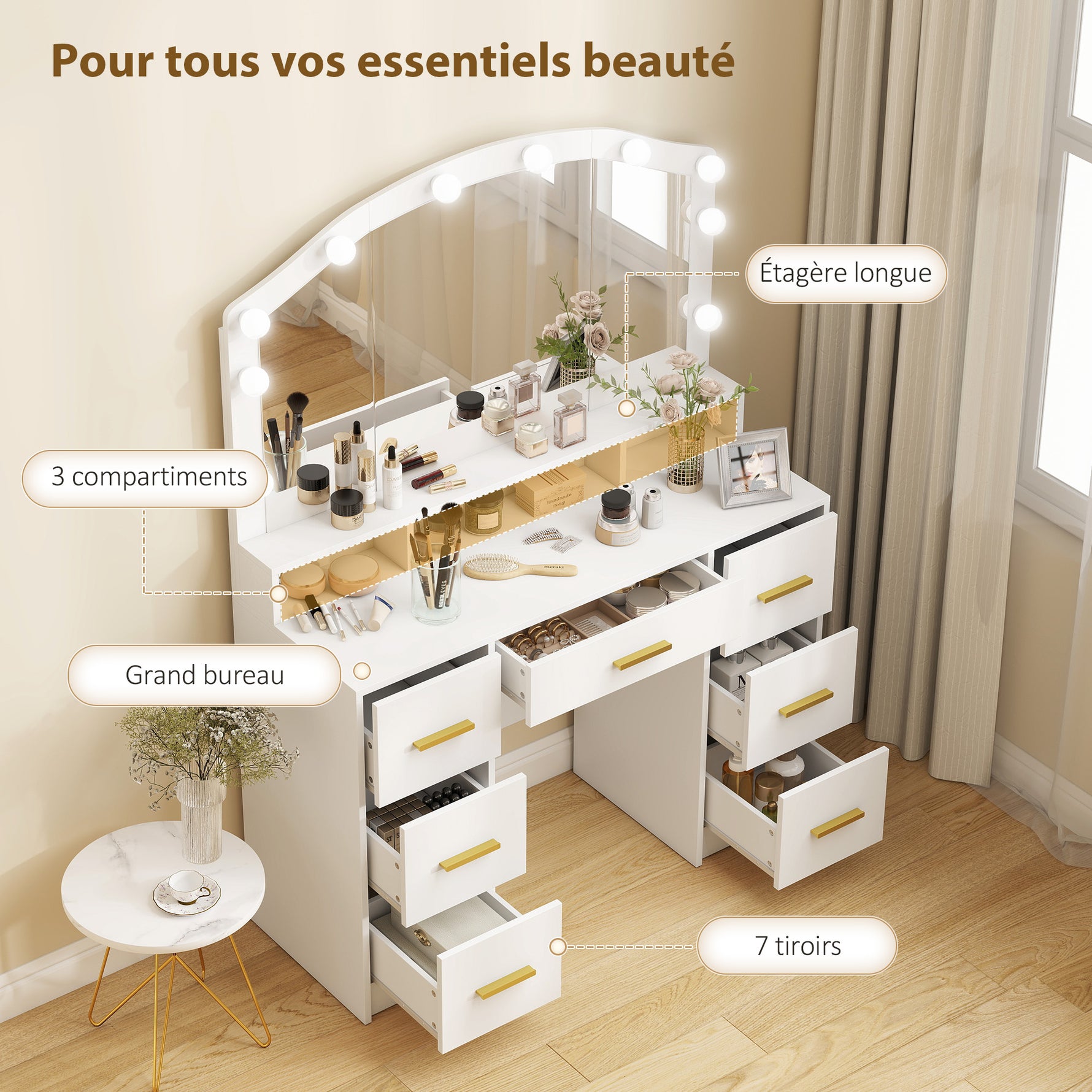Coiffeuse avec Miroir, Lumières LED Réglable 3 Couleurs, 7 Tiroirs, 3 Compartiments Ouverts, 110 x 40 x 150 cm, Blanc