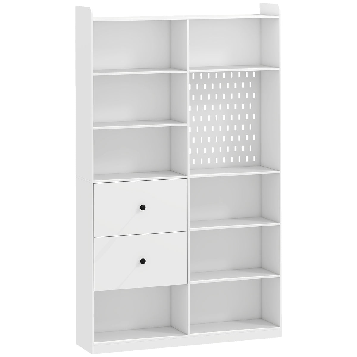 Bibliothèque, Étagère 6 Niveaux, 120 x 30 x 200 cm, Meuble de Rangement avec 2 Tiroirs et Panneau Perforé, Blanc