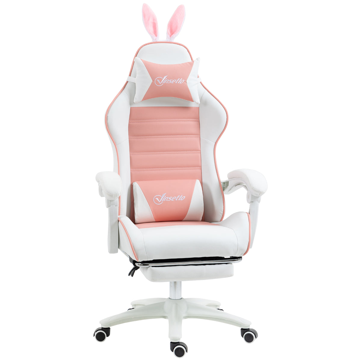 Silla gaming con soporte lumbar, altura ajustable, respaldo reclinable, orejas de conejo y reposacabezas, rosa