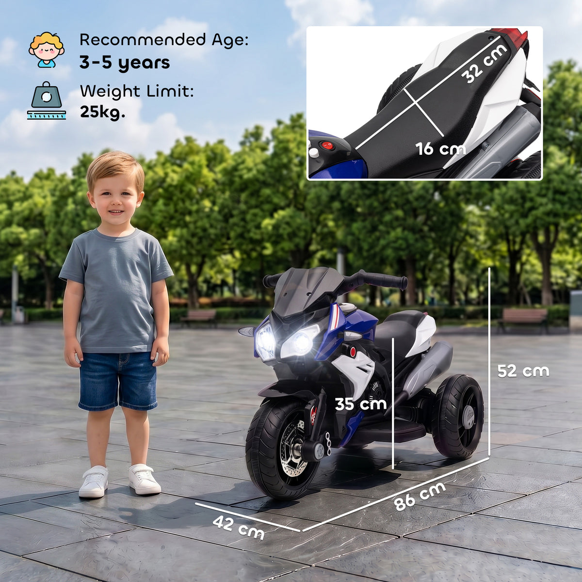 Elektrisches Dreirad für Kinder 6 V, Elektroauto für Kinder von 3 bis 5 Jahren, Licht- und Soundeffekte, 86x42x52 cm, blau