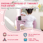 Coiffeuse pour enfant avec tabouret et miroir, table de maquillage avec tiroir et 2 compartiments, 55x36x86cm, rose