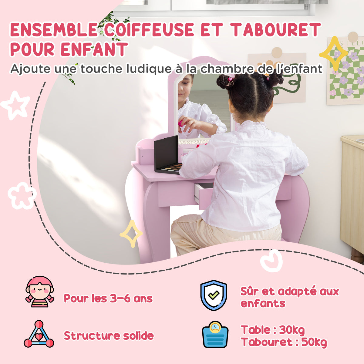 Coiffeuse pour enfant avec tabouret et miroir, table de maquillage avec tiroir et 2 compartiments, 55x36x86cm, rose