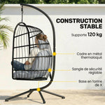 Fauteuil Œuf Suspendu Pliable avec Support Coussin 15cm et Appui-tête Gain de Place Résine Tressée 101x105x196cm Gris