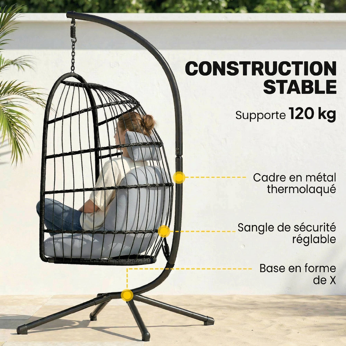 Fauteuil Œuf Suspendu Pliable avec Support Coussin 15cm et Appui-tête Gain de Place Résine Tressée 101x105x196cm Gris