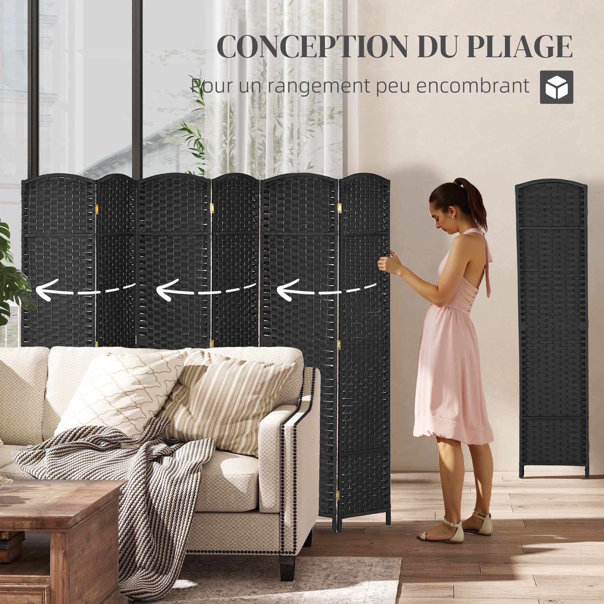Paravent interieur en bois 6 panneaux 240 x 170 cm séparateur de pièce pliable pour salon, chambre à coucher, naturel