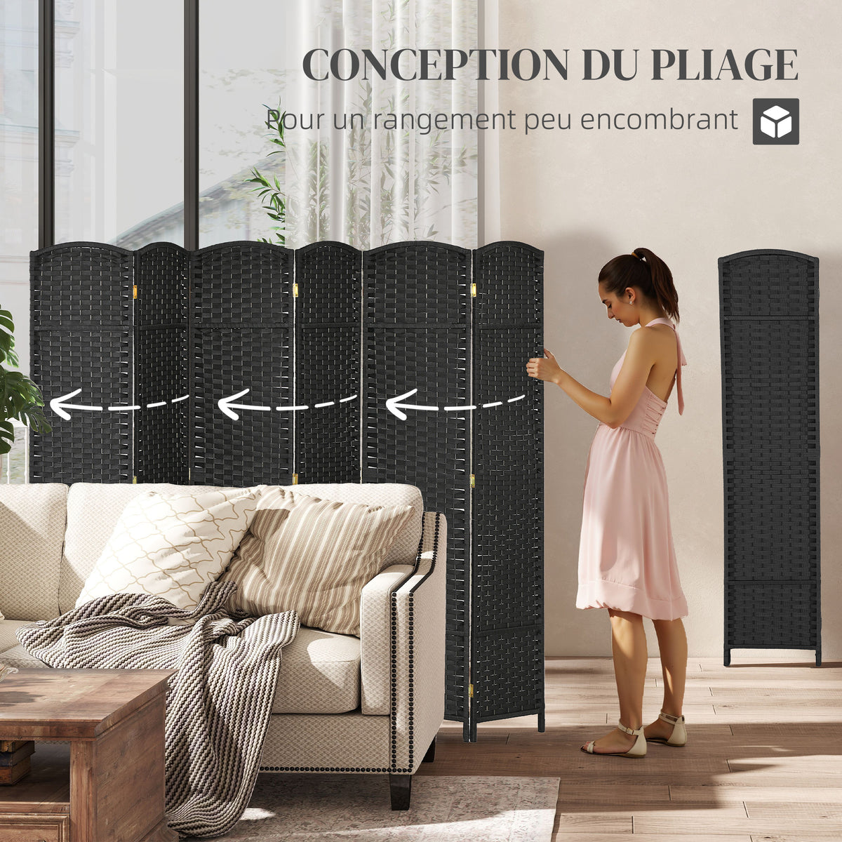 Paravent interieur en bois 6 panneaux 240 x 170 cm séparateur de pièce pliable pour salon, chambre à coucher, naturel
