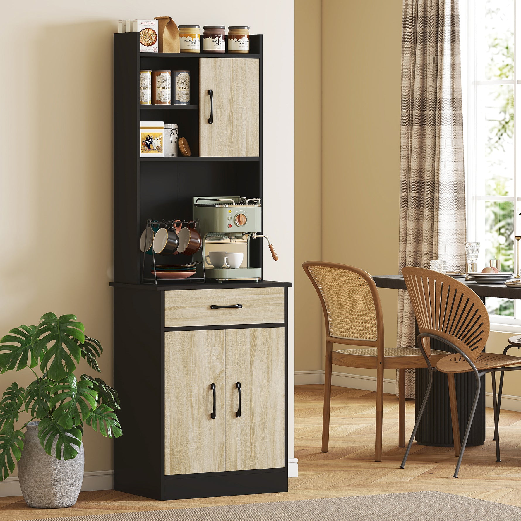 Buffet haut cuisine, armoire de cuisine, tiroir, 3 portes, étagères ouvertes, plan de travail, 60x40x180cm, bois naturel