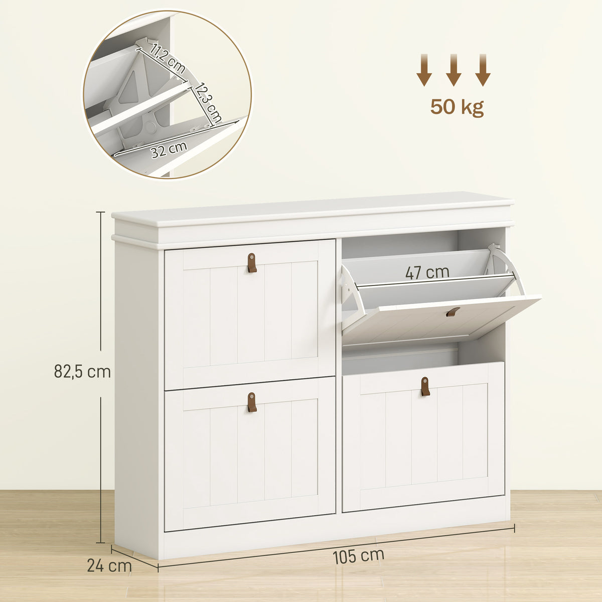Meuble à chaussures 20 paires, armoire à chaussures, 4 tiroirs rabattables, étagères réglables, 105x24x82,5cm, blanc