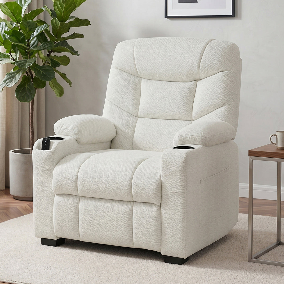 Fauteuil relax électrique, fauteuil inclinable, port USB, repose-pieds, porte-gobelets, 94 x 90 x 105 cm, crème